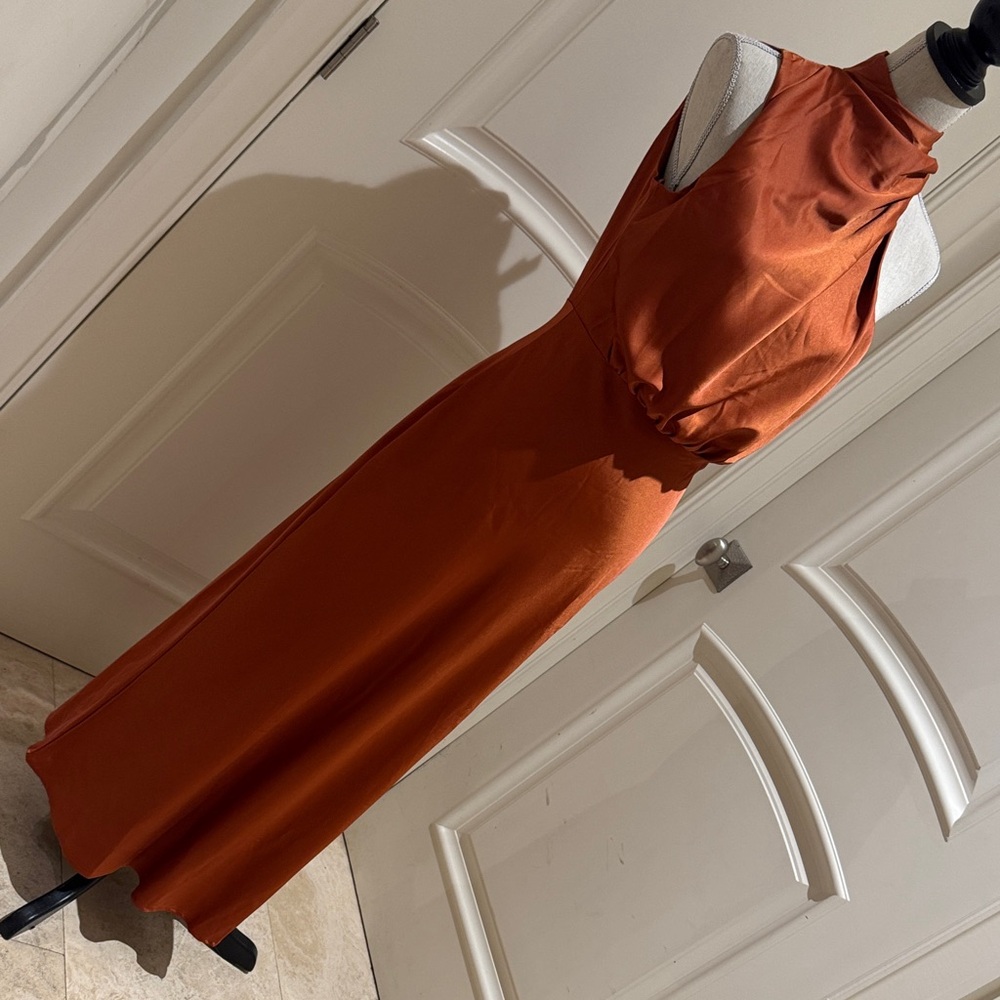 Elegant LINA Asymmetrical twisted neck Sleeveless Rust Dress